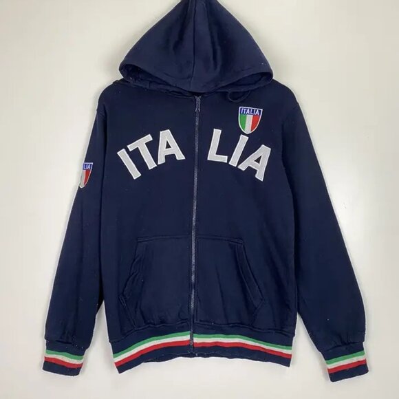 Vintage Mens Navy Blue Italia Full Zip Hooded Italy Flag Crest Sweatshirt 11/12 - Picture 1 of 10